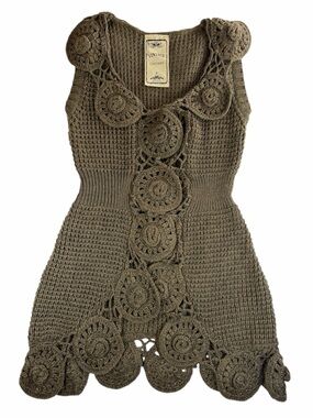 Vintage Concept Brown Crochet Floral Knit Longline Sweater Vest Wool Blend Small